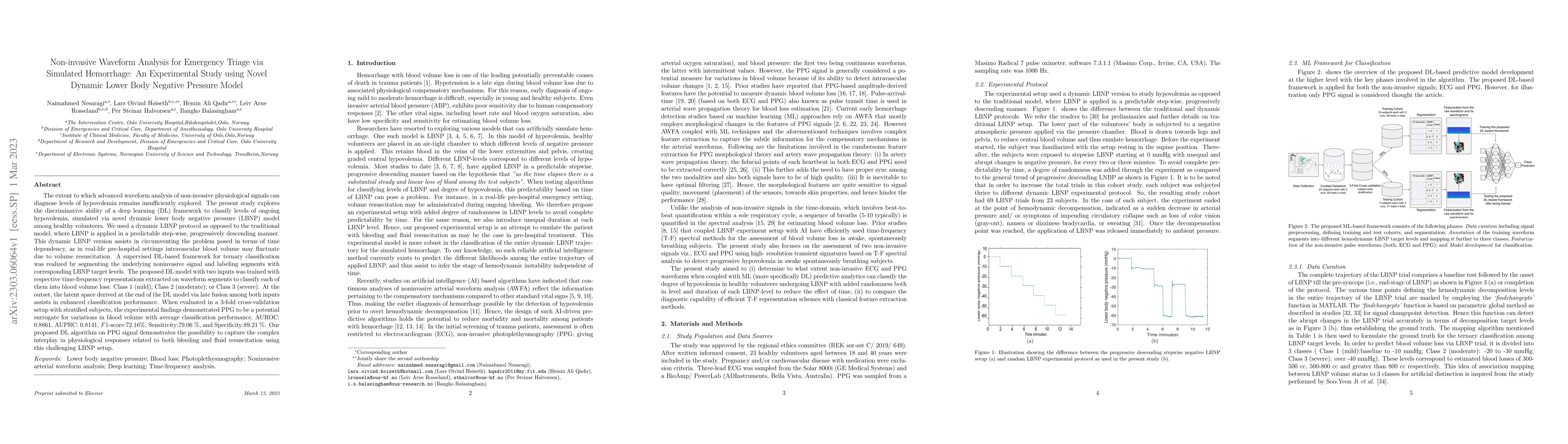 Thumbnail for Non-invasive Waveform Analysis for Emergency Triage via Simulated
  Hemorrhage: An Experimental Study using Novel Dynamic Lower Body Negative
  Pressure Model