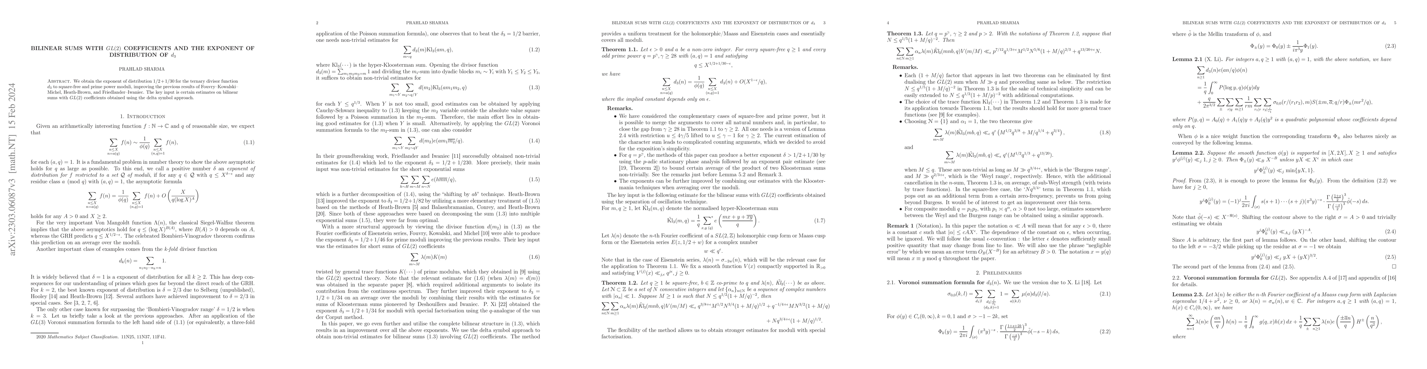 Thumbnail for Bilinear sums with $GL(2)$ coefficients and the exponent of distribution
  of $d_3$