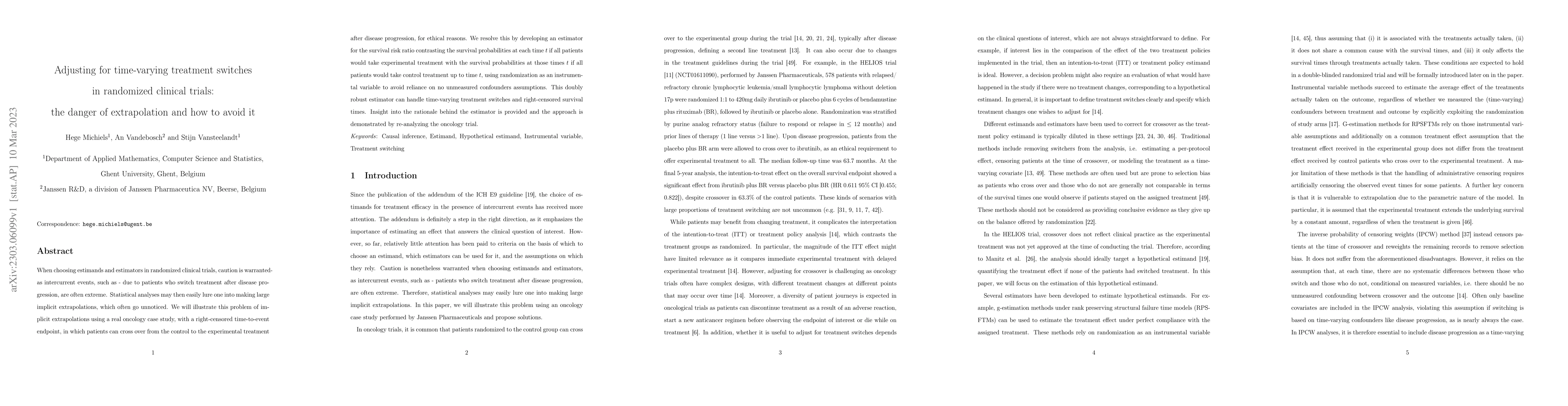 Thumbnail for Adjusting for time-varying treatment switches in randomized clinical
  trials: the danger of extrapolation and how to avoid it