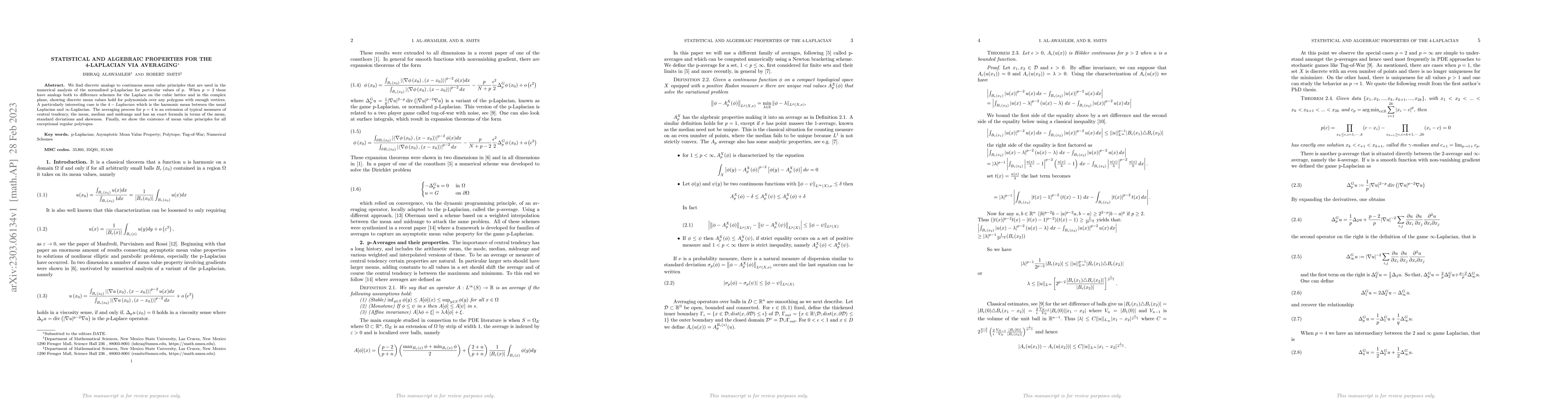 Thumbnail for Statistical and Algebraic Properties for the 4-Laplacian via Averaging