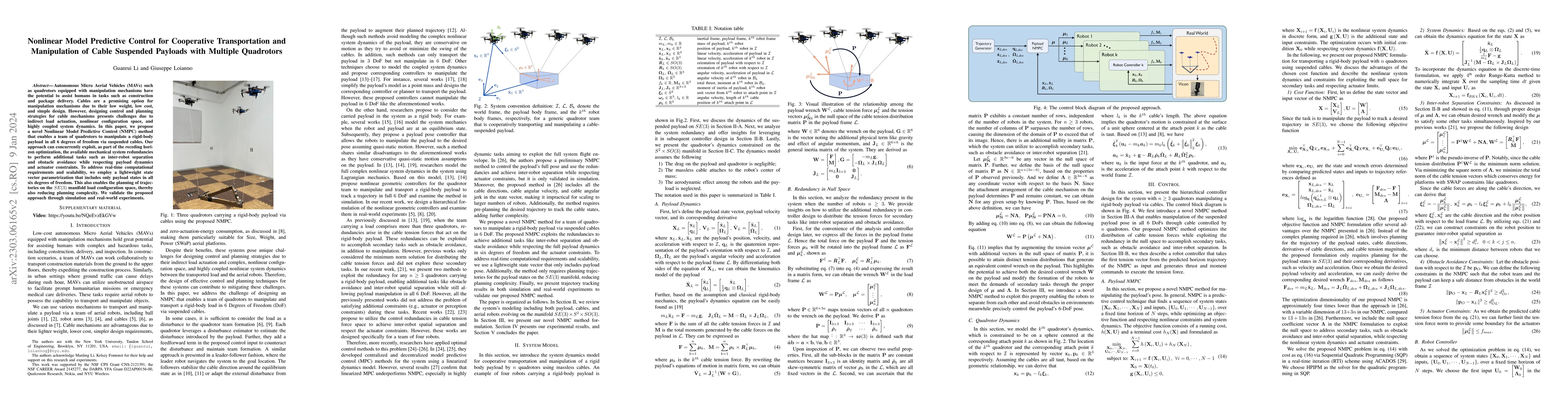 Thumbnail for Nonlinear Model Predictive Control for Cooperative Transportation and
  Manipulation of Cable Suspended Payloads with Multiple Quadrotors