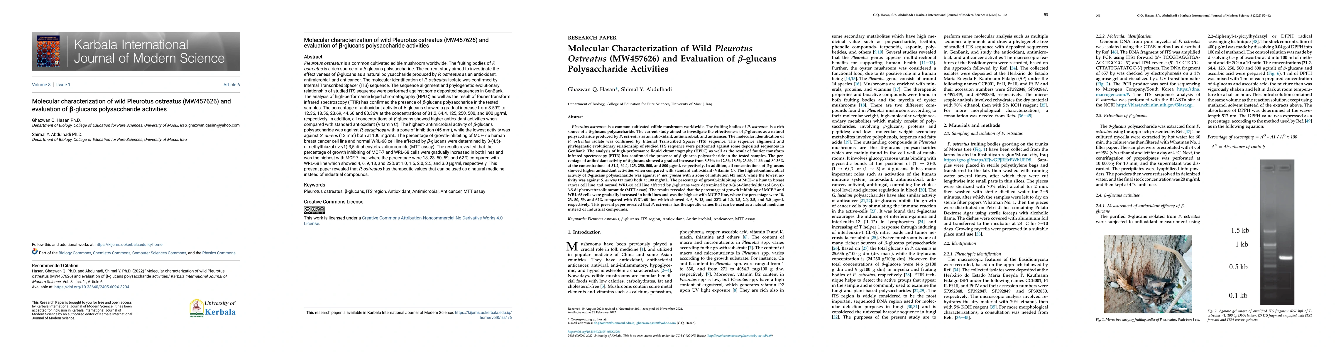 Thumbnail for Molecular characterization of wild Pleurotus ostreatus (MW457626) and
  evaluation of $\beta$-glucans polysaccharide activities