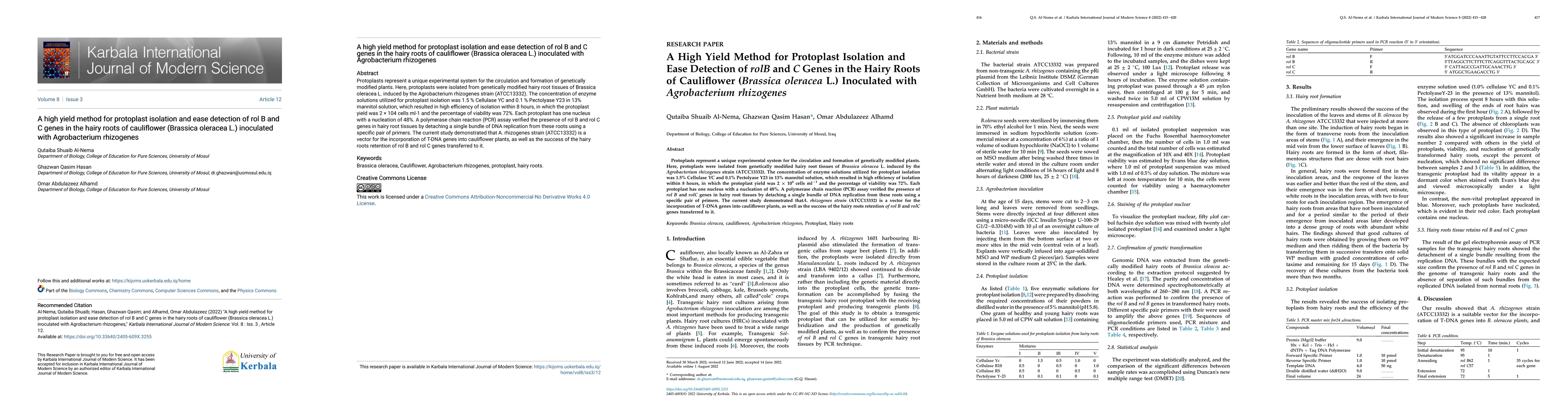 Thumbnail for A high yield method for protoplast isolation and ease detection of rol B
  and C genes in the hairy roots of cauliflflower (Brassica oleracea L.)
  inoculated with Agrobacterium rhizogenes