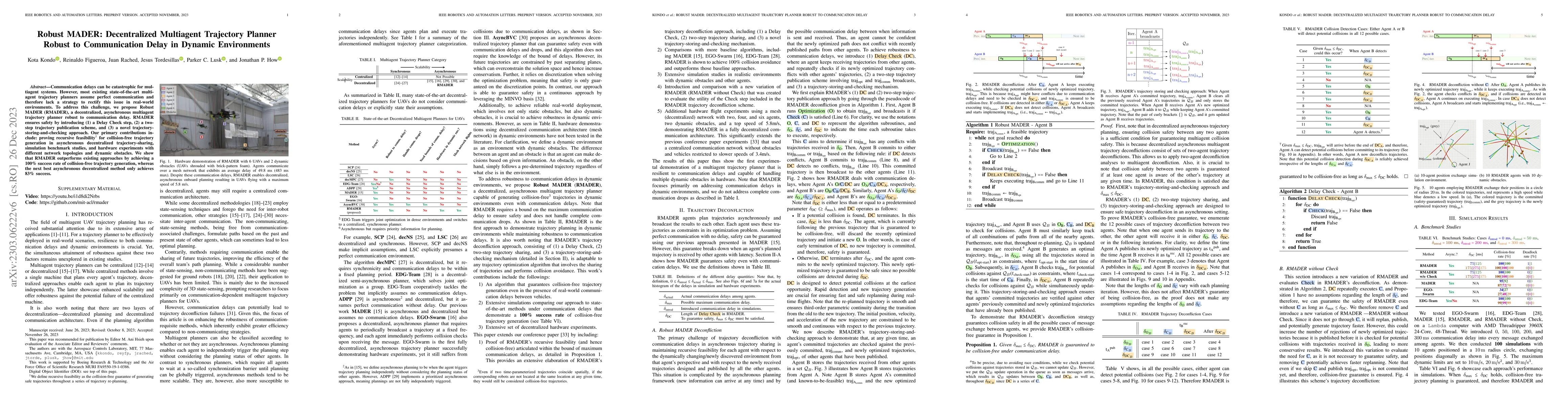 Thumbnail for Robust MADER: Decentralized Multiagent Trajectory Planner Robust to
  Communication Delay in Dynamic Environments