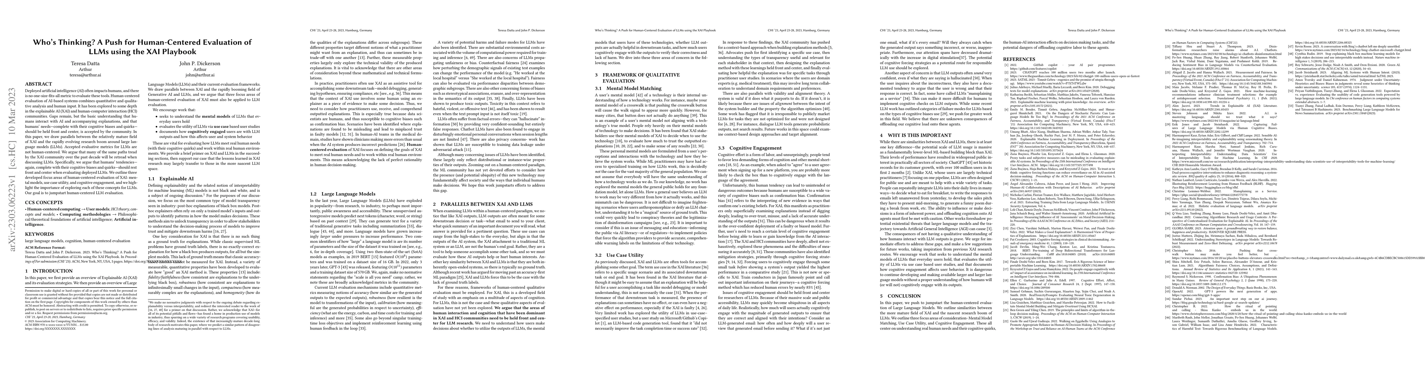 Thumbnail for Who's Thinking? A Push for Human-Centered Evaluation of LLMs using the
  XAI Playbook