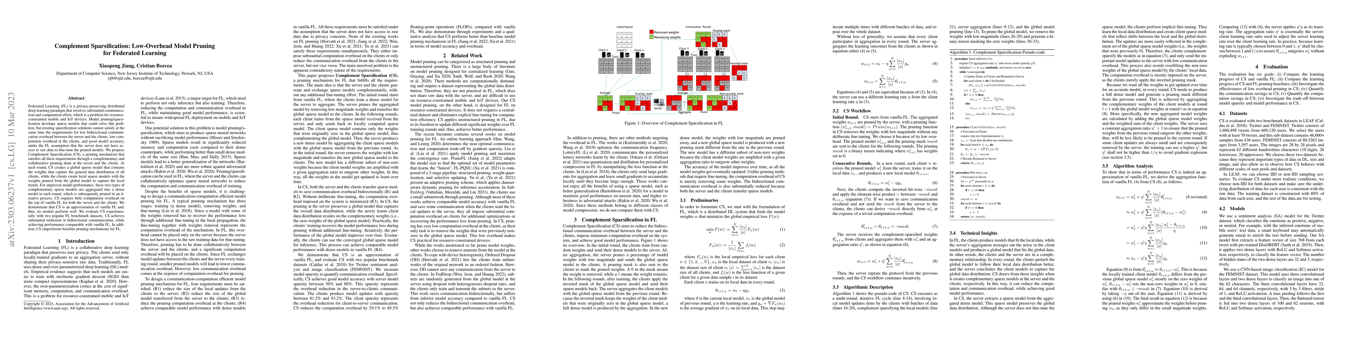 Thumbnail for Complement Sparsification: Low-Overhead Model Pruning for Federated
  Learning