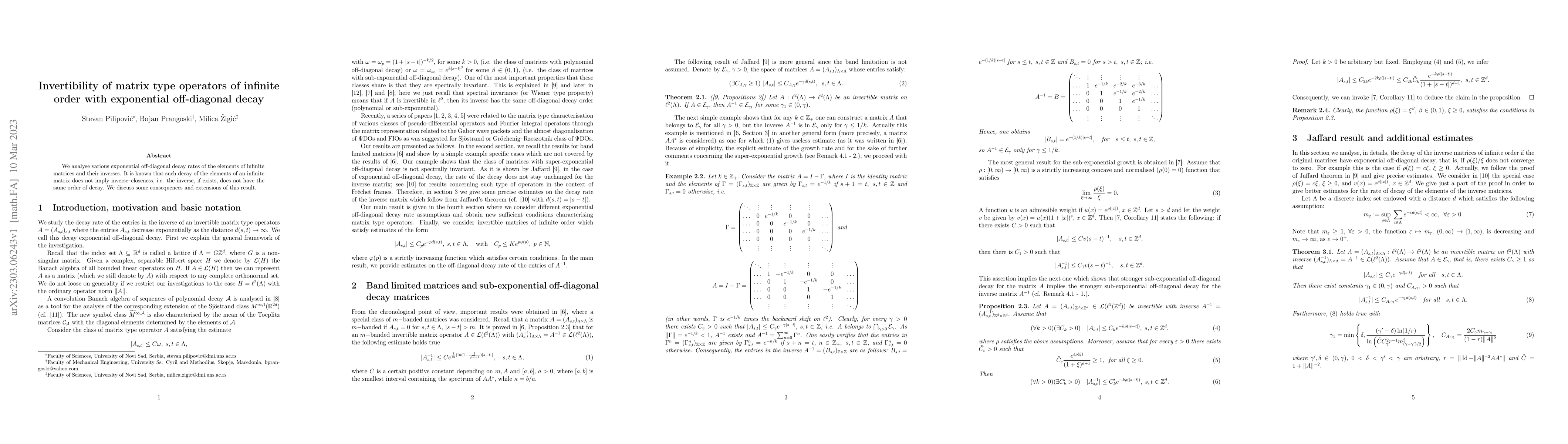 Thumbnail for Invertibility of matrix type operators of infinite order with
  exponential off-diagonal decay
