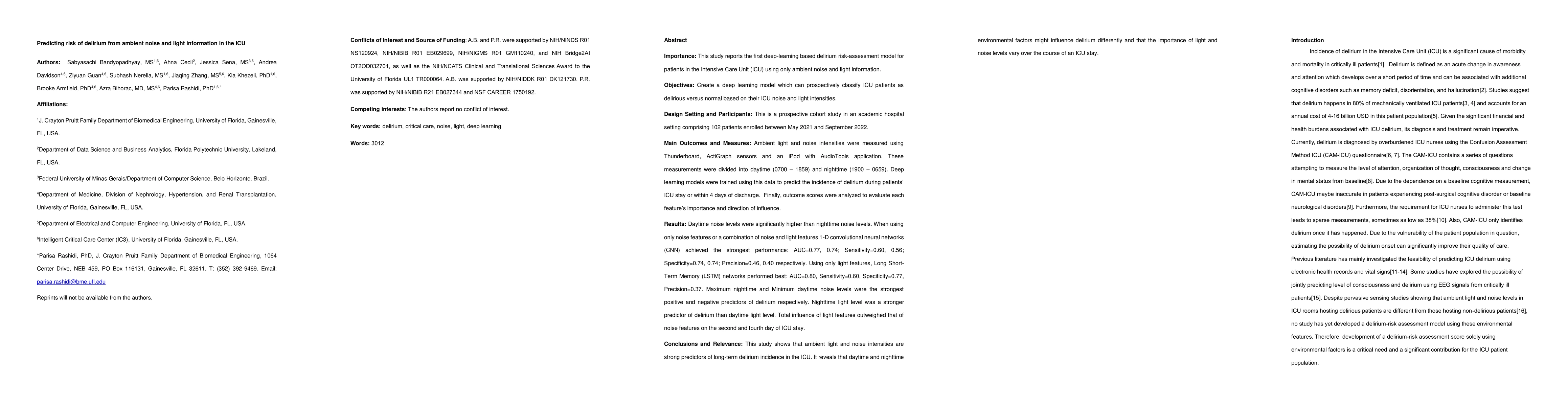 Thumbnail for Predicting risk of delirium from ambient noise and light information in
  the ICU