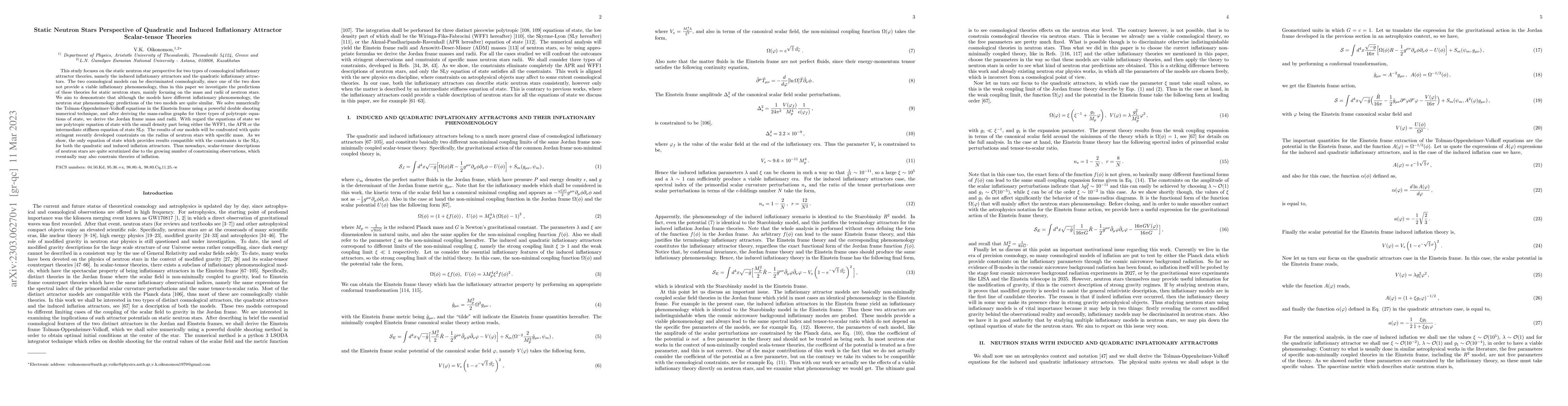 Thumbnail for Static Neutron Stars Perspective of Quadratic and Induced Inflationary
  Attractor Scalar-tensor Theories