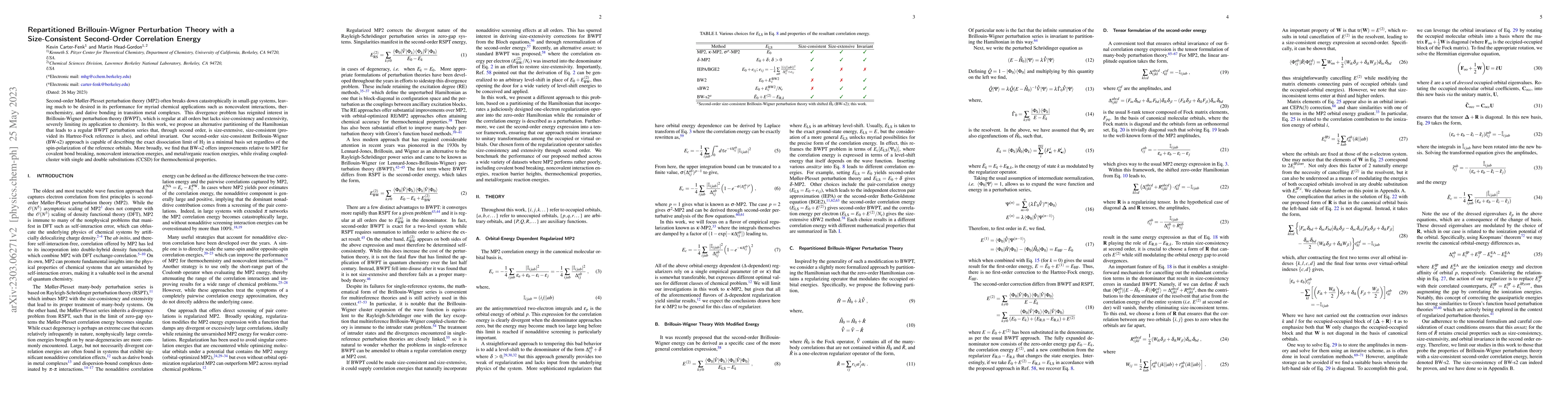 Thumbnail for Repartitioned Brillouin-Wigner Perturbation Theory with a
  Size-Consistent Second-Order Correlation Energy