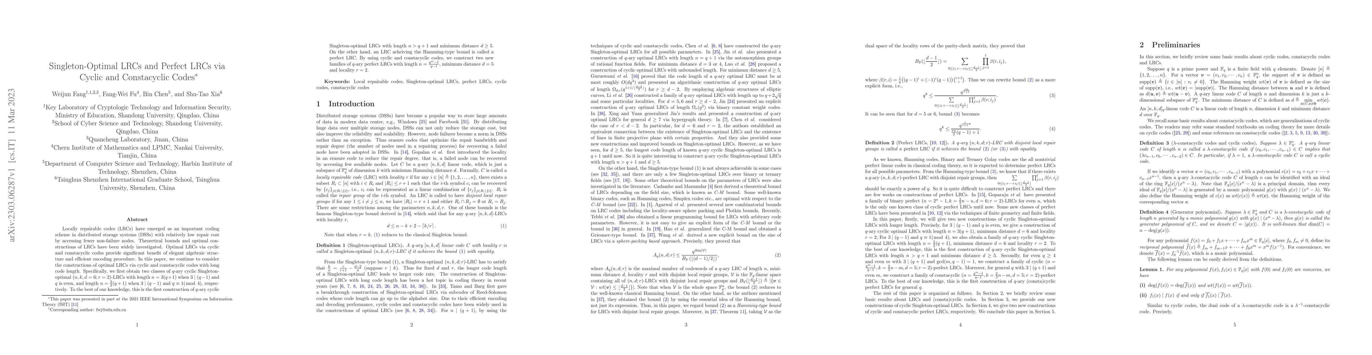 Thumbnail for Singleton-Optimal LRCs and Perfect LRCs via Cyclic and Constacyclic
  Codes