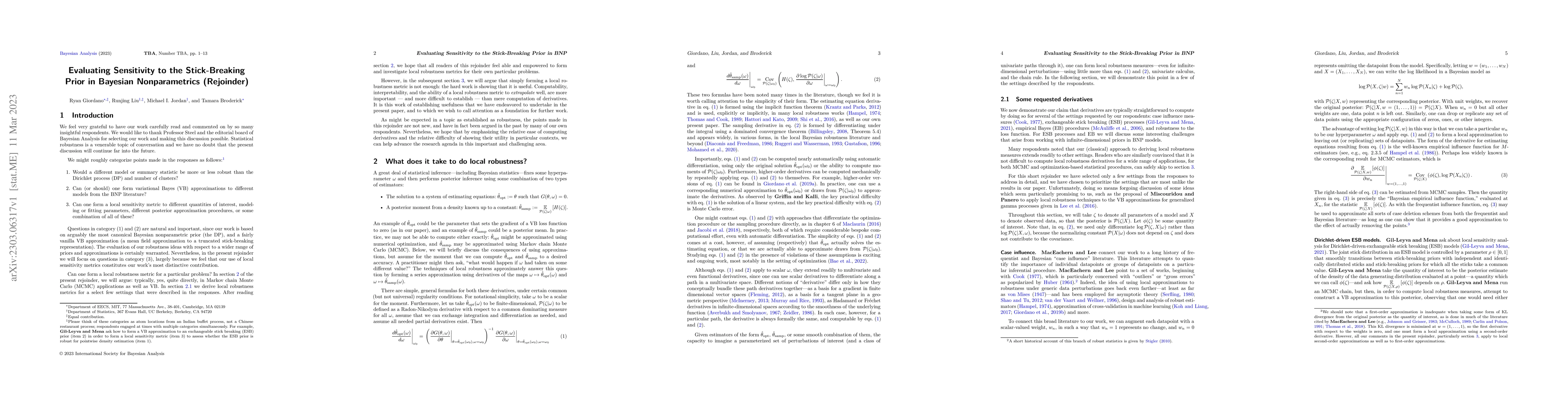 Thumbnail for Evaluating Sensitivity to the Stick-Breaking Prior in Bayesian
  Nonparametrics (Rejoinder)