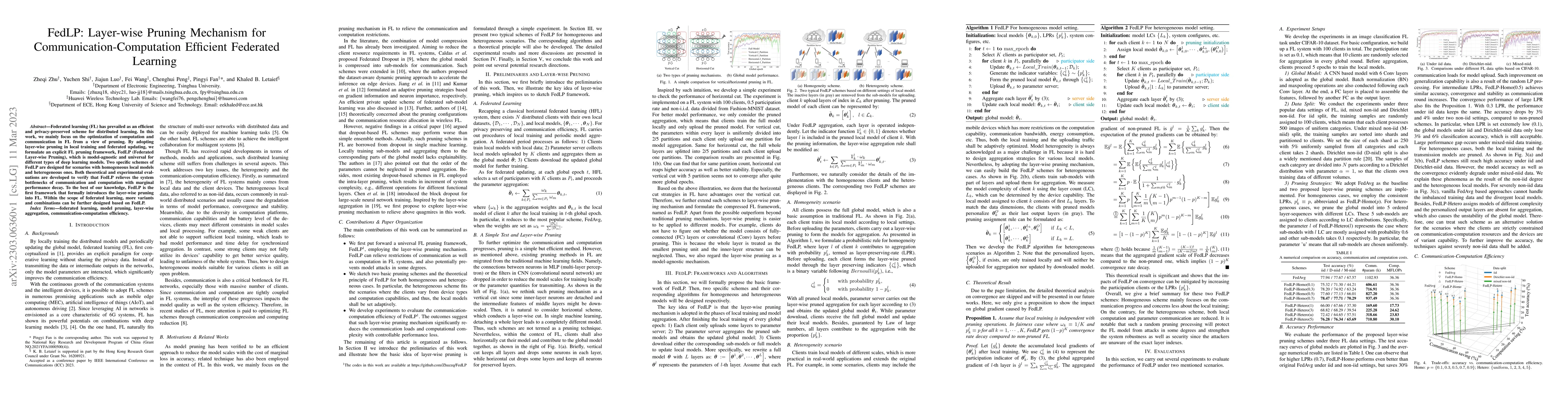 Thumbnail for FedLP: Layer-wise Pruning Mechanism for Communication-Computation
  Efficient Federated Learning