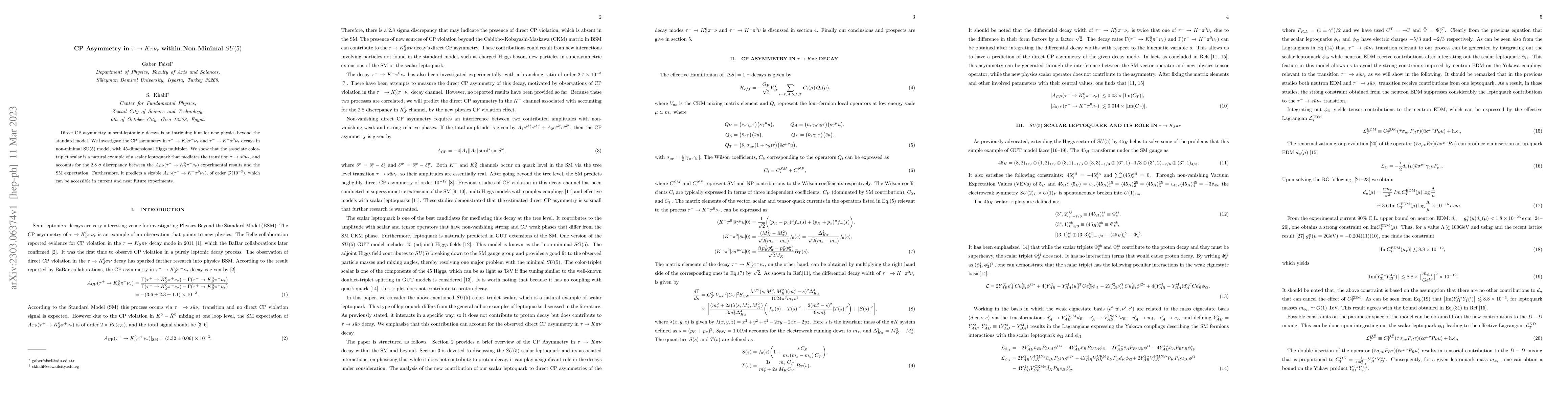 Thumbnail for CP Asymmetry in $\tau \to K\pi \nu_{\tau} $ within Non-Minimal $SU(5)$