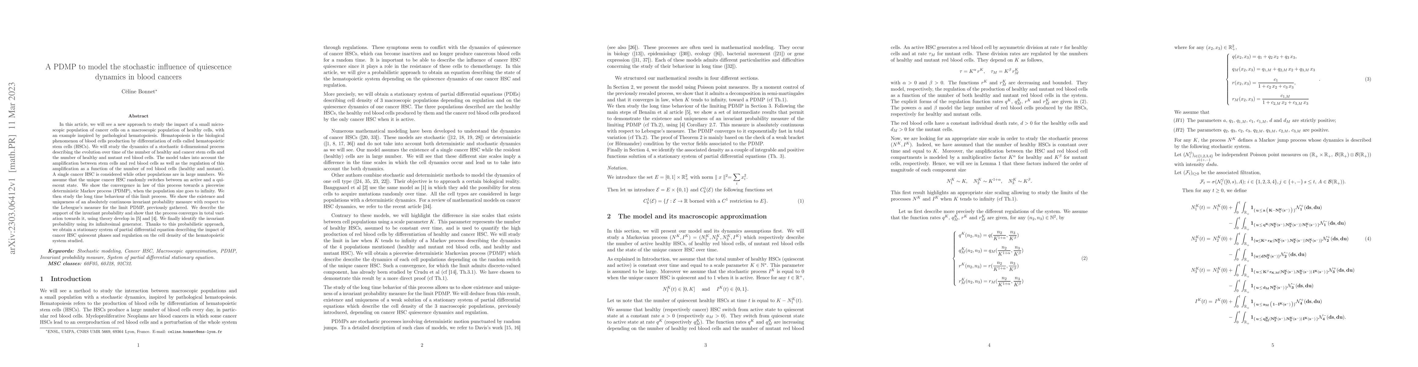 Thumbnail for A PDMP to model the stochastic influence of quiescence dynamics in blood
  cancers