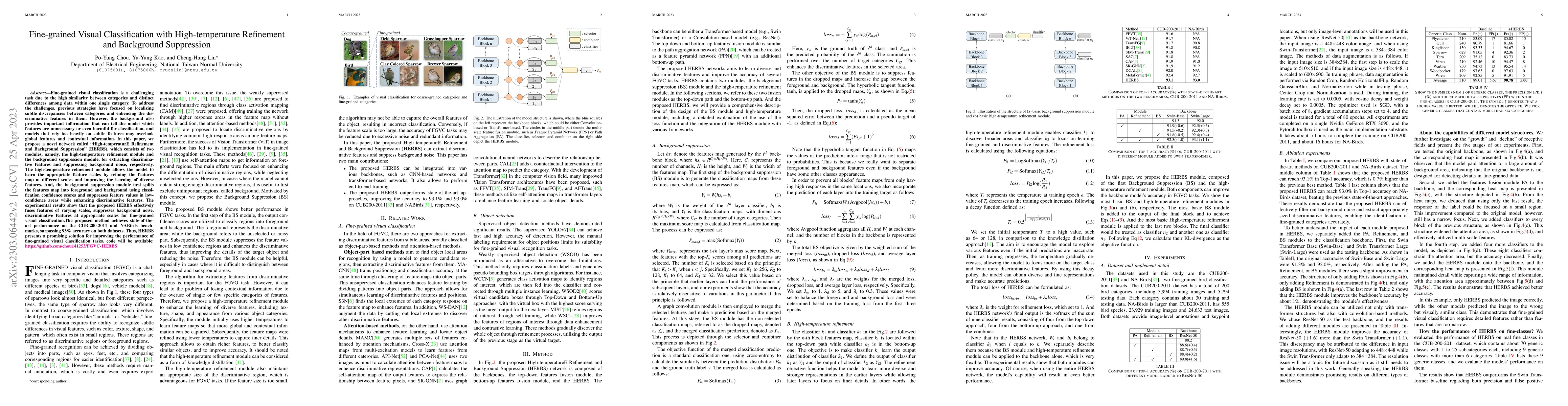 Thumbnail for Fine-grained Visual Classification with High-temperature Refinement and
  Background Suppression