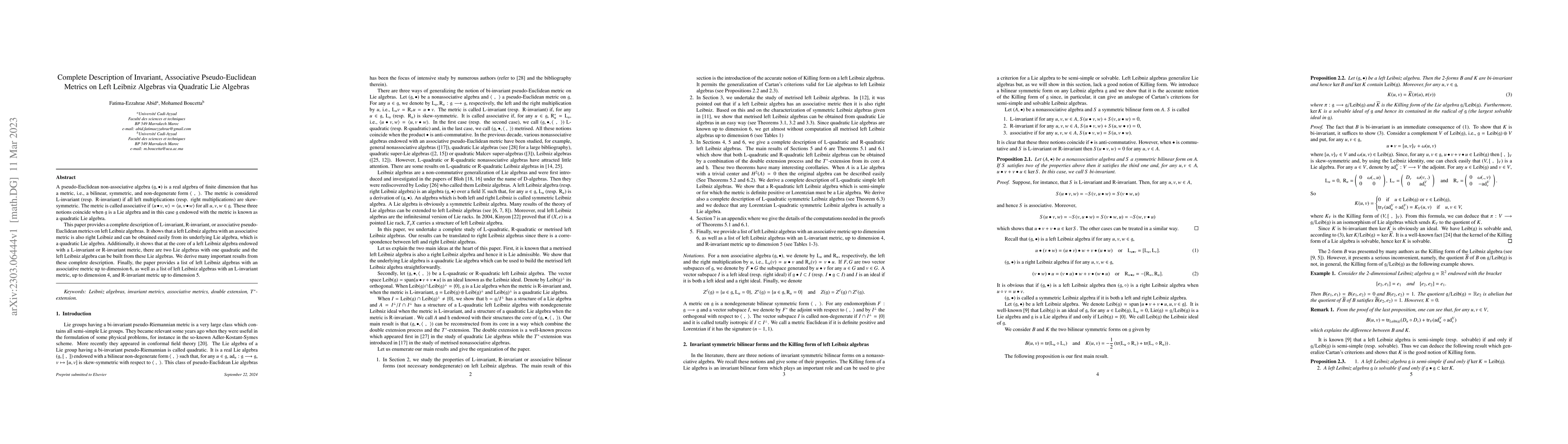 Thumbnail for Complete Description of Invariant, Associative Pseudo-Euclidean Metrics
  on Left Leibniz Algebras via Quadratic Lie Algebras