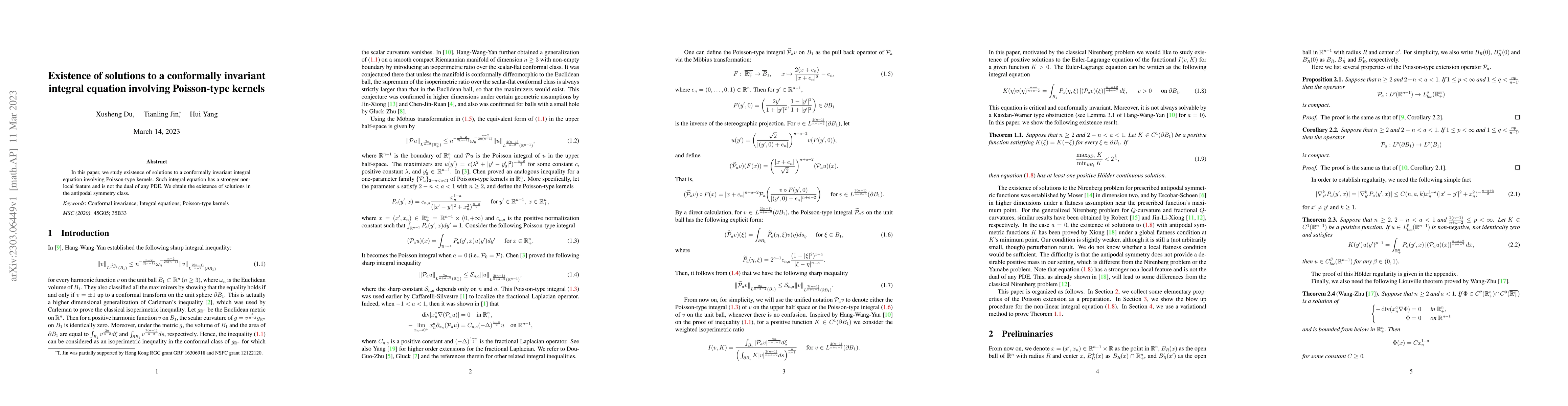 Thumbnail for Existence of solutions to a conformally invariant integral equation
  involving Poisson-type kernels