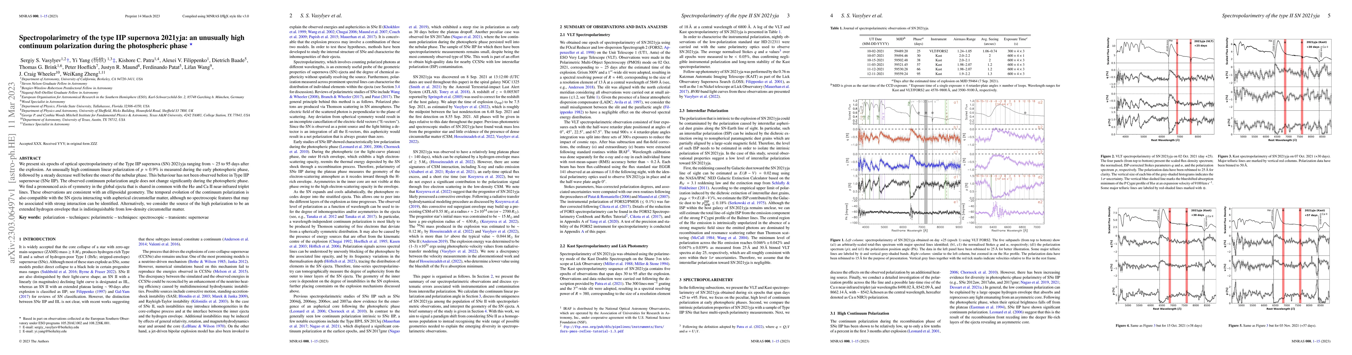 Thumbnail for Spectropolarimetry of the type IIP supernova 2021yja: an unusually high
  continuum polarization during the photospheric phase