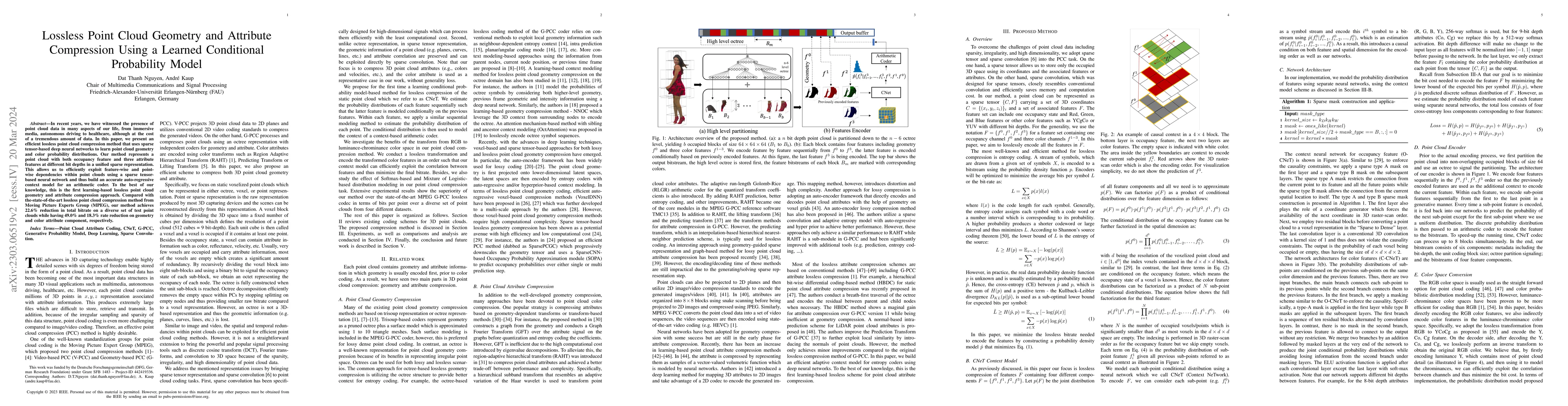 Thumbnail for Lossless Point Cloud Geometry and Attribute Compression Using a Learned
  Conditional Probability Model