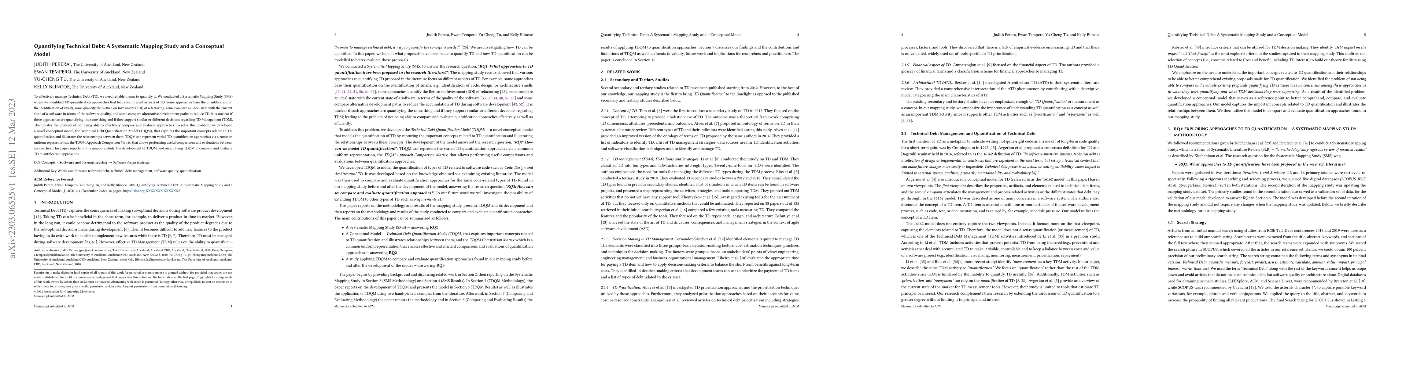 Thumbnail for Quantifying Technical Debt: A Systematic Mapping Study and a Conceptual
  Model