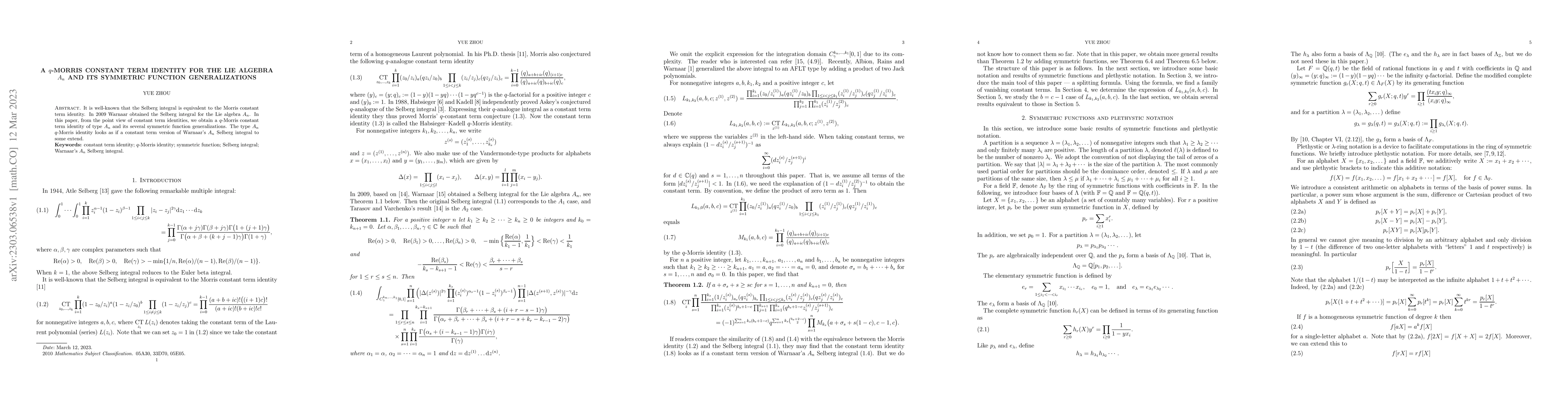 Thumbnail for A $q$-Morris constant term identity for the Lie algebra $A_n$ and its
  symmetric function generalizations