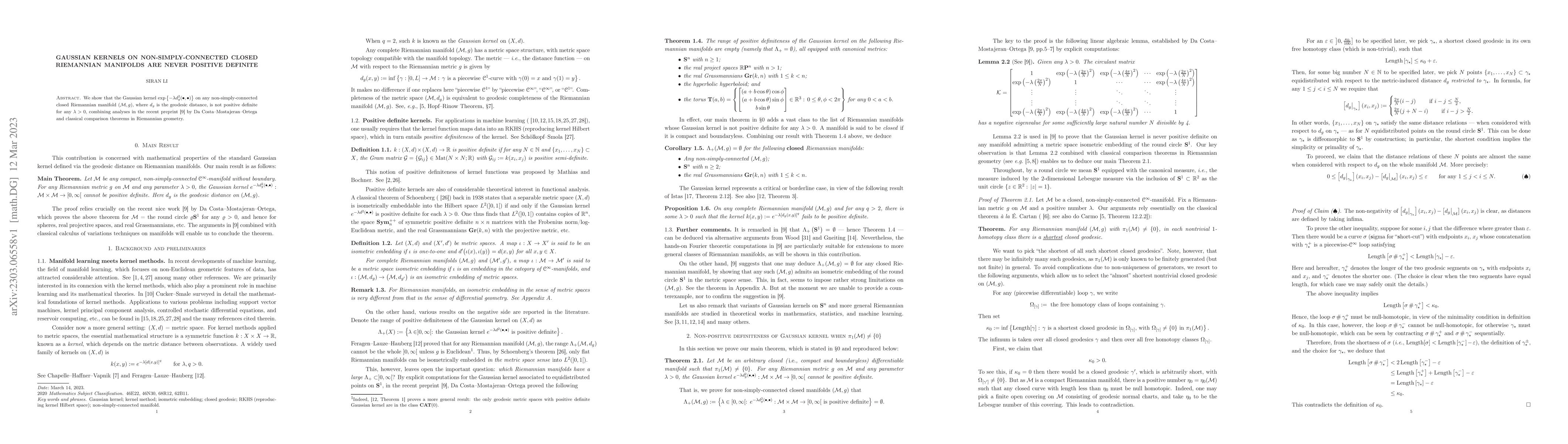 Thumbnail for Gaussian kernels on non-simply-connected closed Riemannian manifolds are
  never positive definite