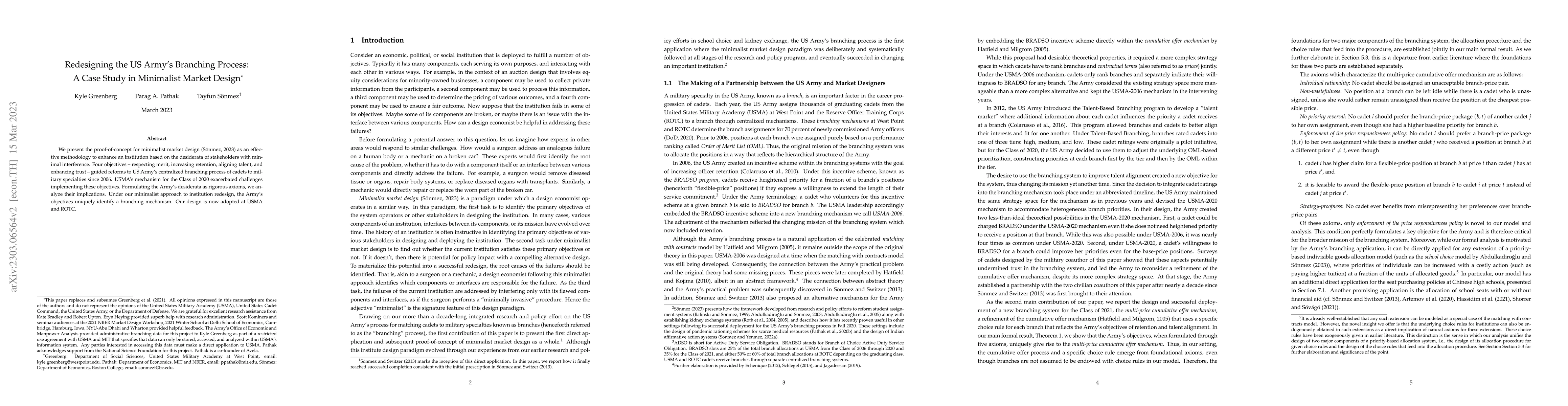 Thumbnail for Redesigning the US Army's Branching Process: A Case Study in Minimalist
  Market Design
