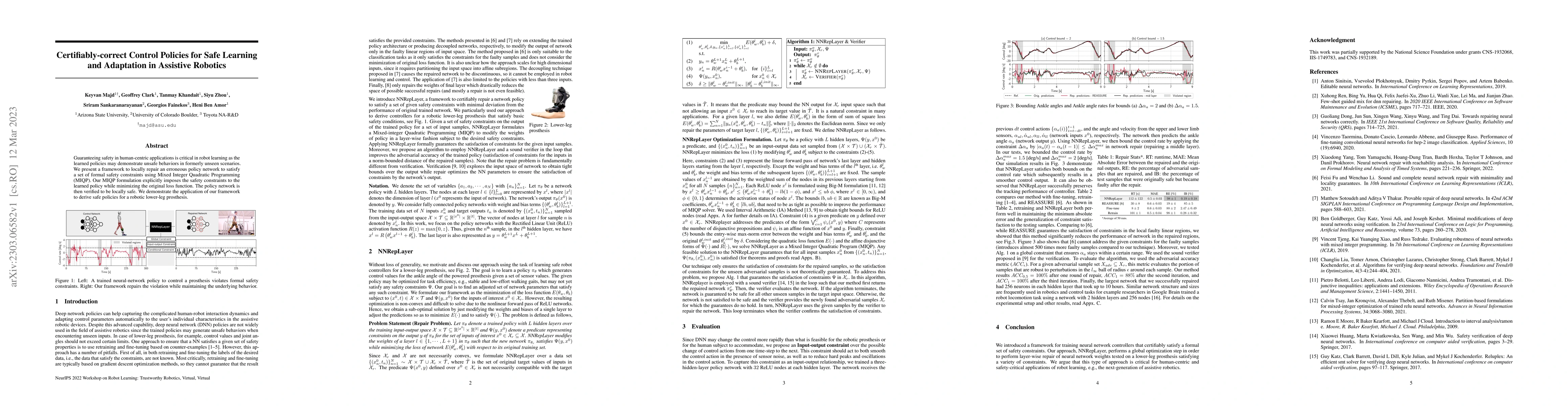 Thumbnail for Certifiably-correct Control Policies for Safe Learning and Adaptation in
  Assistive Robotics