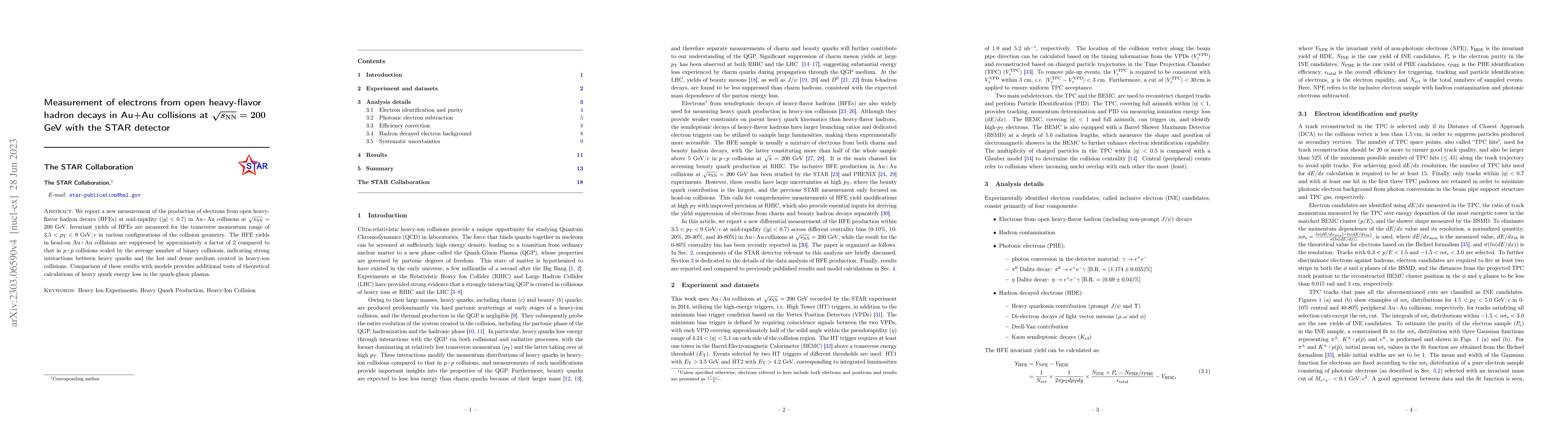 Thumbnail for Measurement of electrons from open heavy-flavor hadron decays in Au+Au
  collisions at $\sqrt{s_{\rm NN}}=200$ GeV with the STAR detector