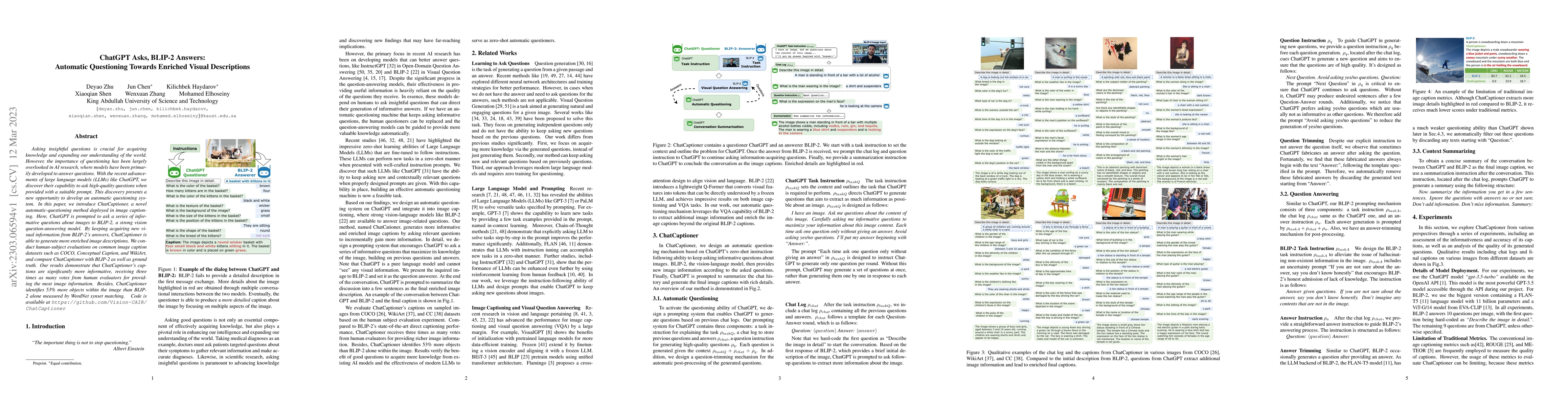 Thumbnail for ChatGPT Asks, BLIP-2 Answers: Automatic Questioning Towards Enriched
  Visual Descriptions