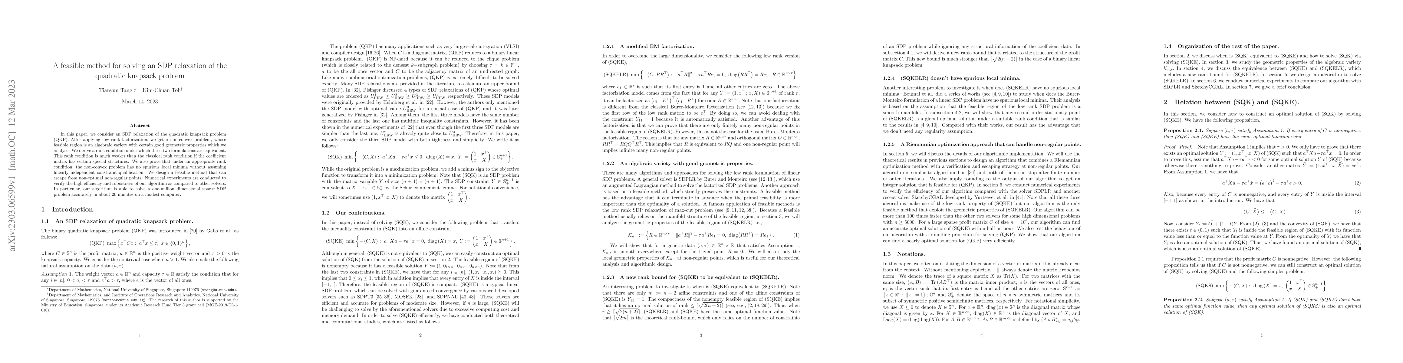 Thumbnail for A feasible method for solving an SDP relaxation of the quadratic
  knapsack problem