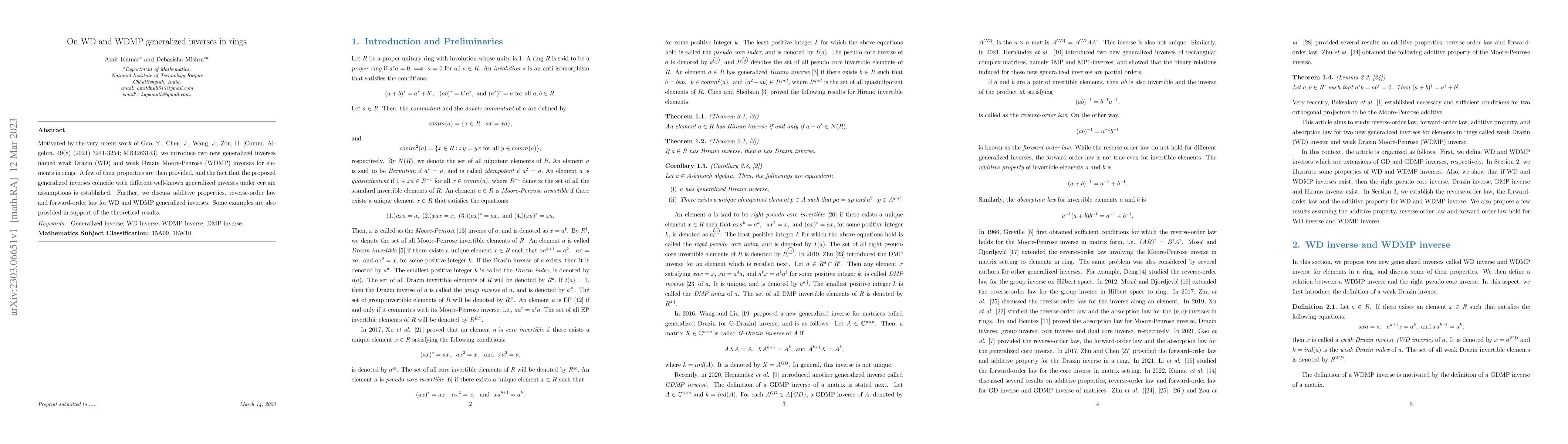 Thumbnail for On WD and WDMP generalized inverses in rings
