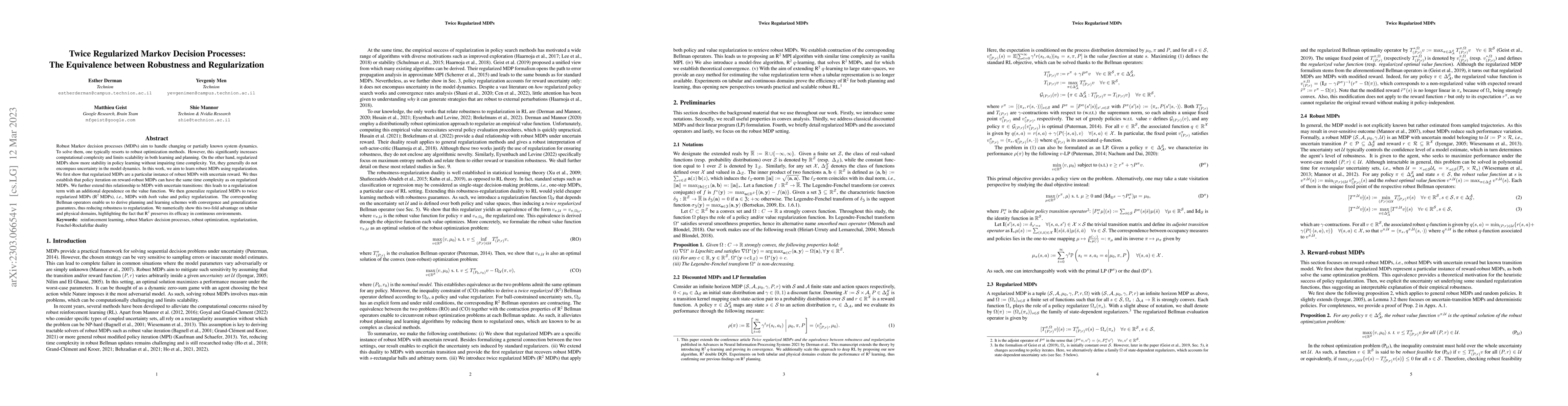 Thumbnail for Twice Regularized Markov Decision Processes: The Equivalence between
  Robustness and Regularization