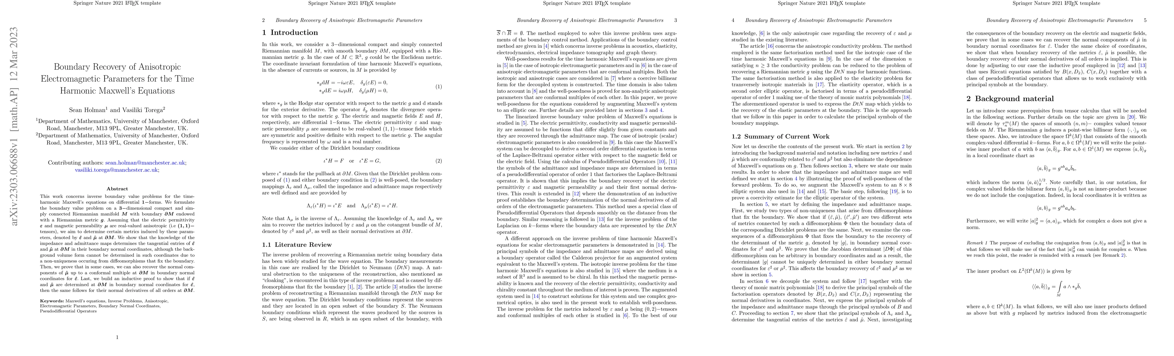 Thumbnail for Boundary Recovery of Anisotropic Electromagnetic Parameters for the Time
  Harmonic Maxwell's Equations