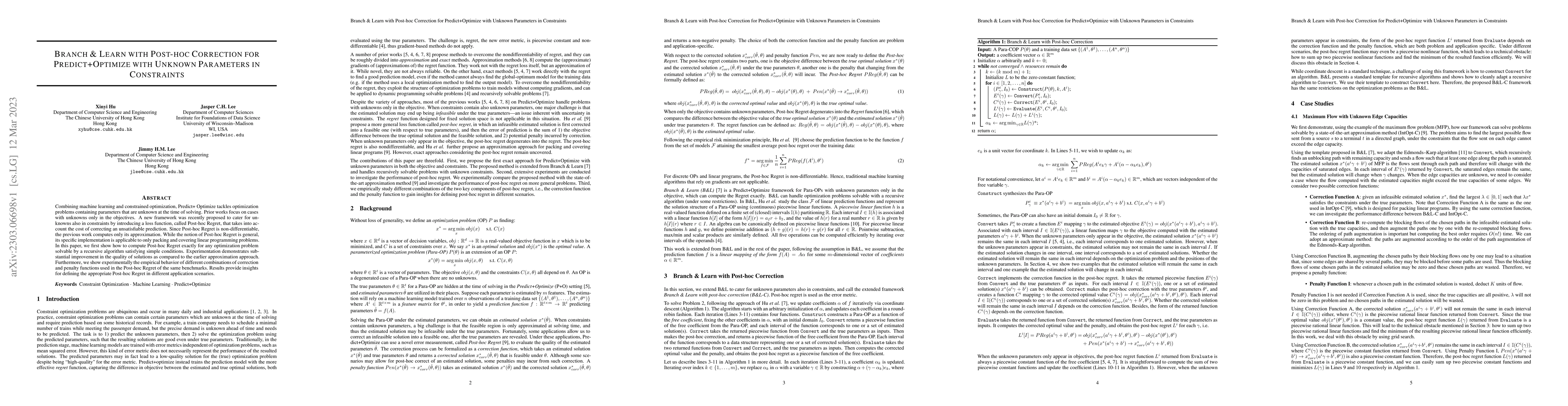Thumbnail for Branch & Learn with Post-hoc Correction for Predict+Optimize with
  Unknown Parameters in Constraints