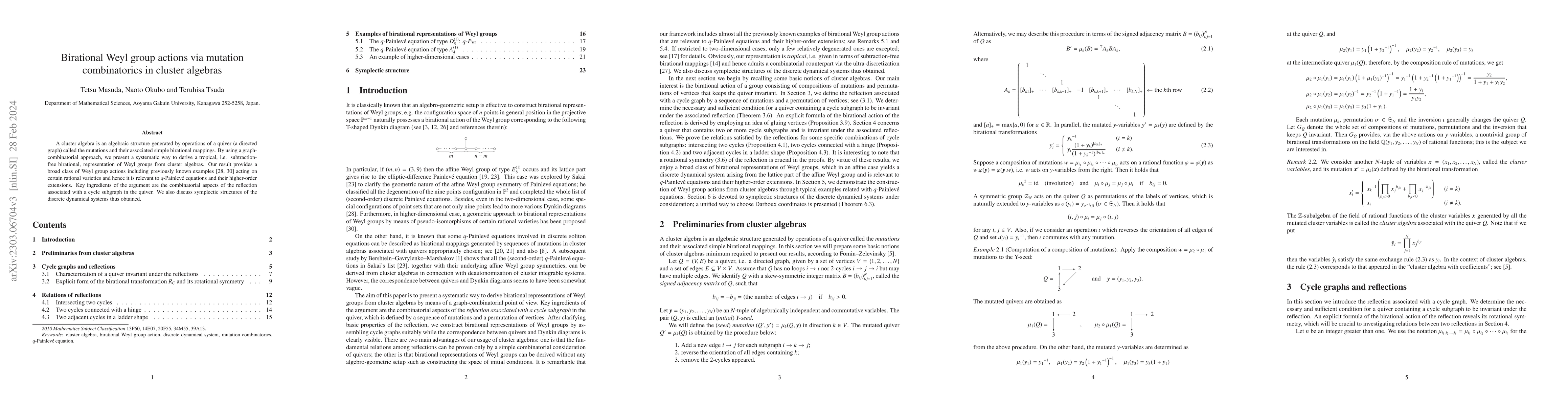 Thumbnail for Birational Weyl group actions via mutation combinatorics in cluster
  algebras