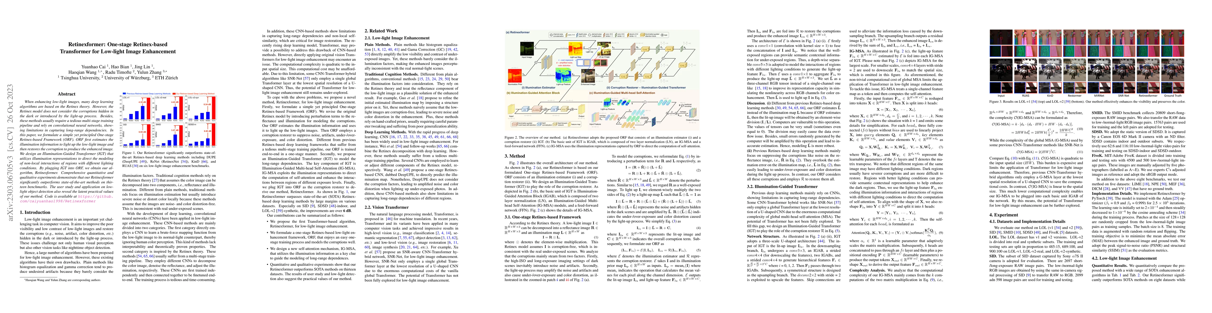 Thumbnail for Retinexformer: One-stage Retinex-based Transformer for Low-light Image
  Enhancement