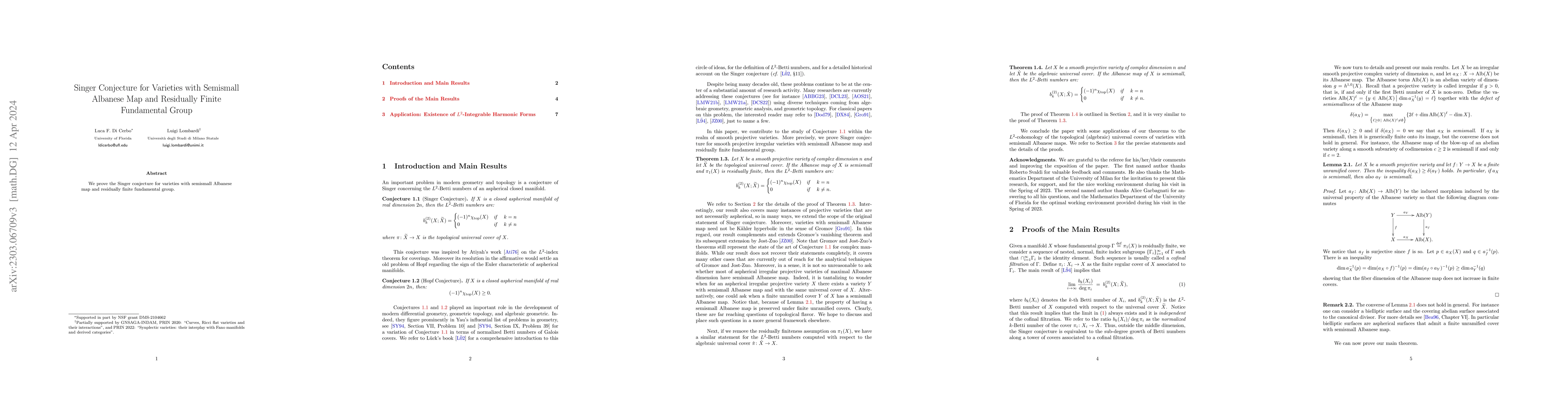 Thumbnail for Singer Conjecture for Varieties with Semismall Albanese Map and
  Residually Finite Fundamental Group