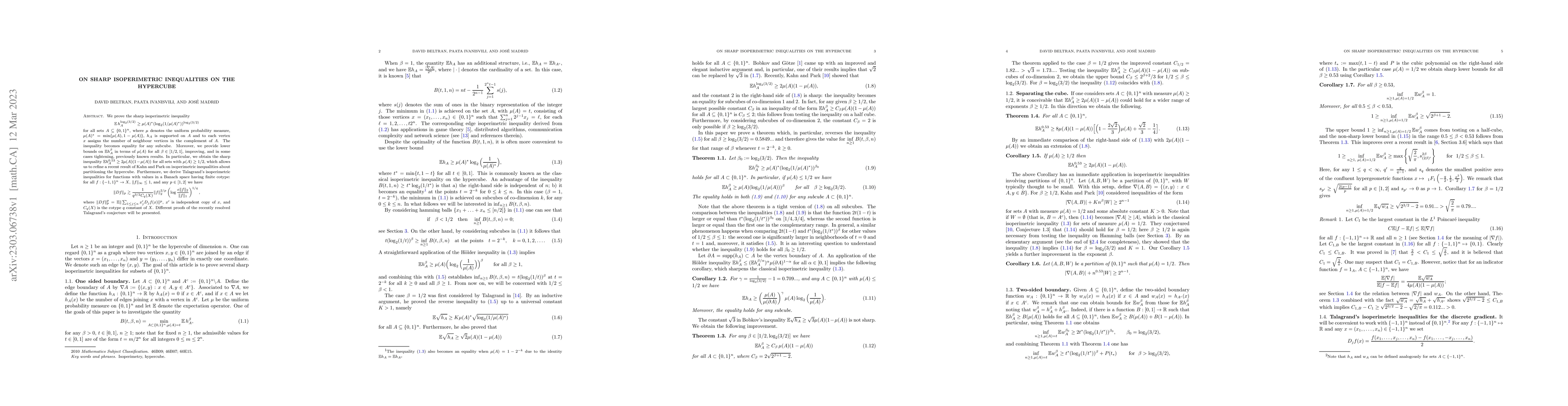Thumbnail for On sharp isoperimetric inequalities on the hypercube