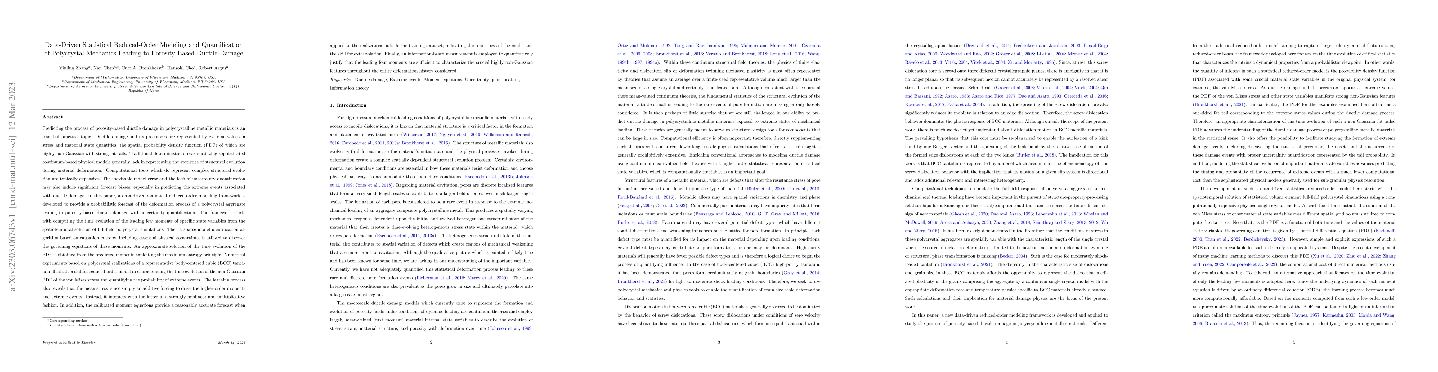 Thumbnail for Data-Driven Statistical Reduced-Order Modeling and Quantification of
  Polycrystal Mechanics Leading to Porosity-Based Ductile Damage