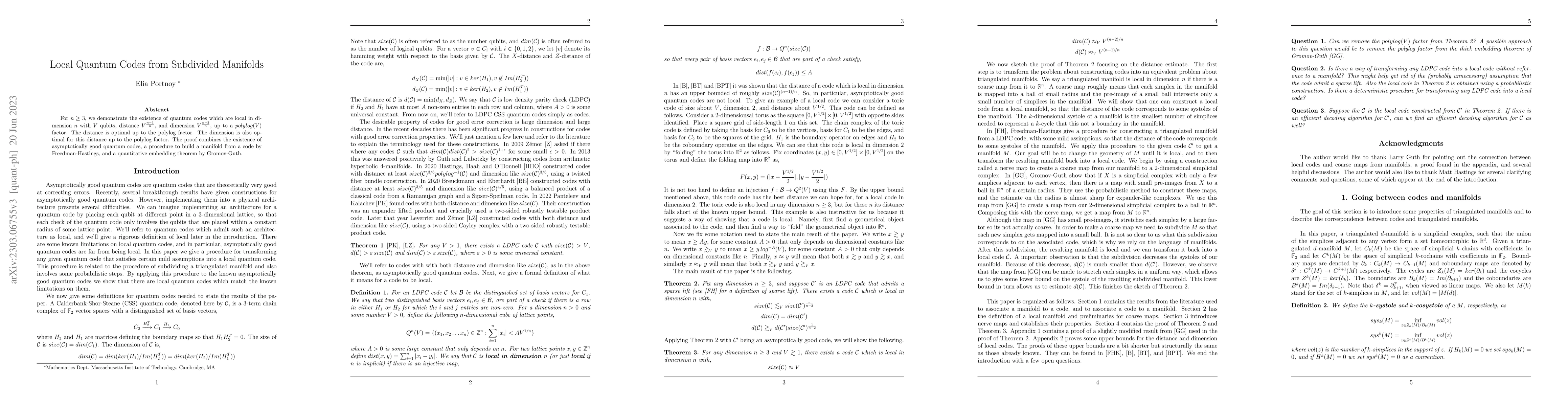 Thumbnail for Local Quantum Codes from Subdivided Manifolds