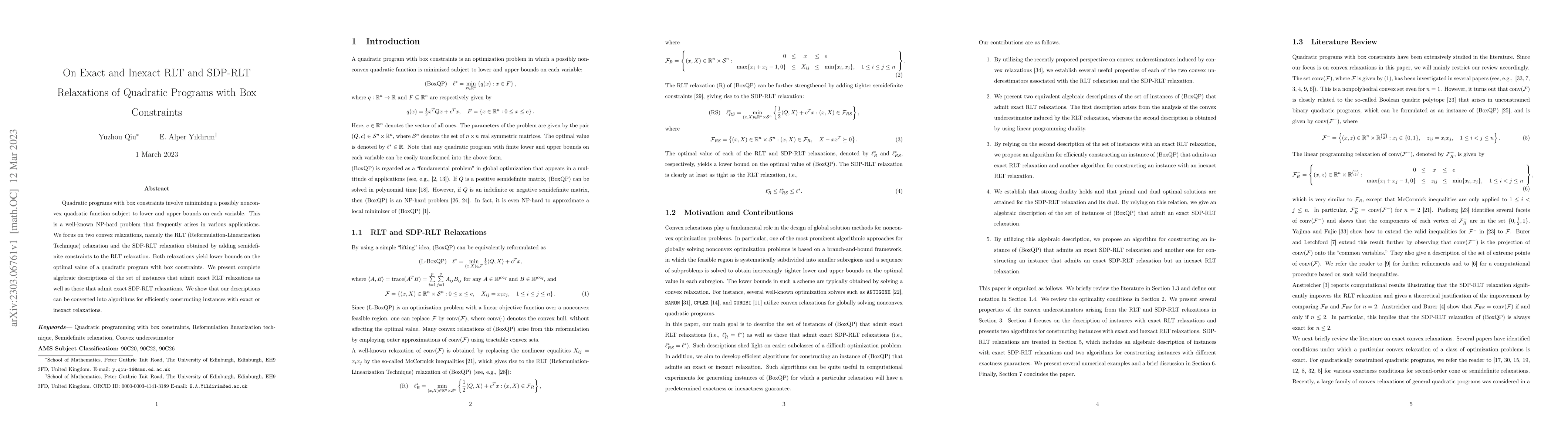 Thumbnail for On Exact and Inexact RLT and SDP-RLT Relaxations of Quadratic Programs
  with Box Constraints