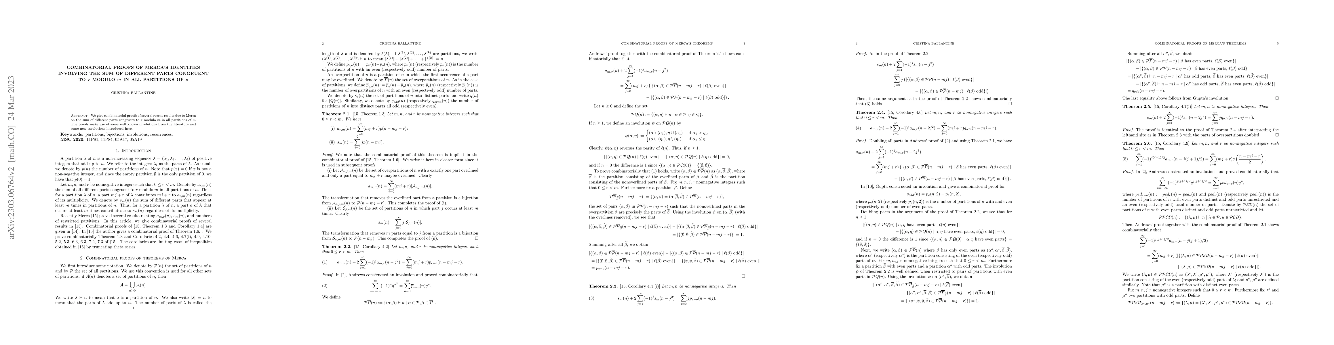 Thumbnail for Combinatorial proofs of theorems of Merca on the sum of different parts
  congruent to $r$ modulo $m$ in all partitions of $n$