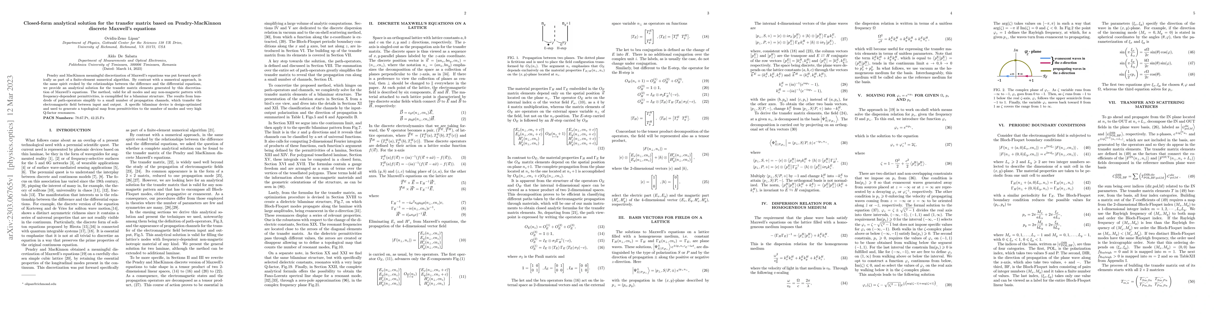 Thumbnail for Closed-form analytical solution for the transfer matrix based on
  Pendry-MacKinnon discrete Maxwell's equations