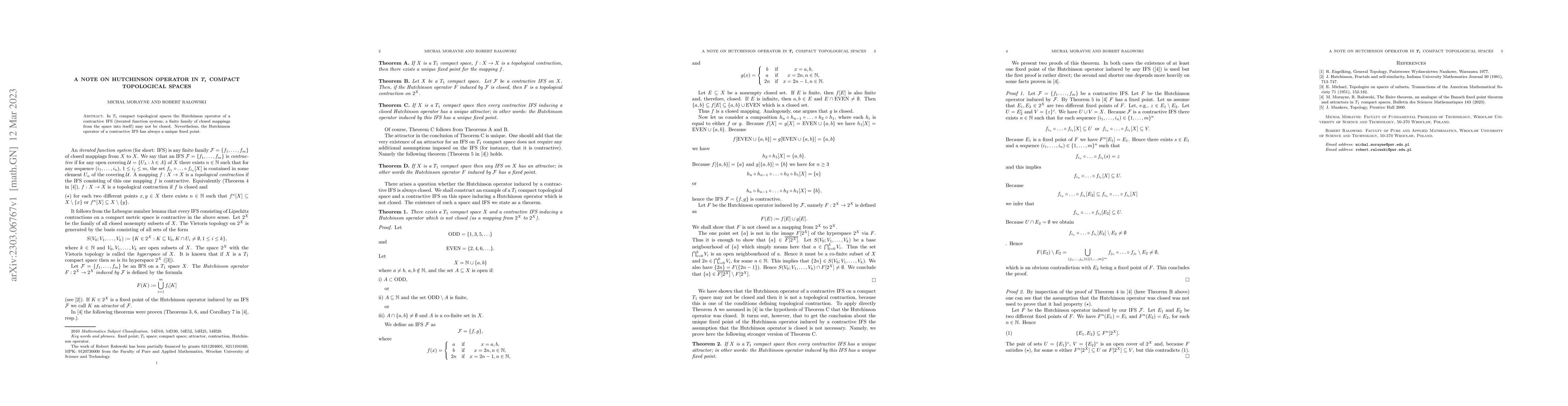 Thumbnail for A note on Hutchinson operator in $\mathbf{T_1}$ compact topological
  spaces