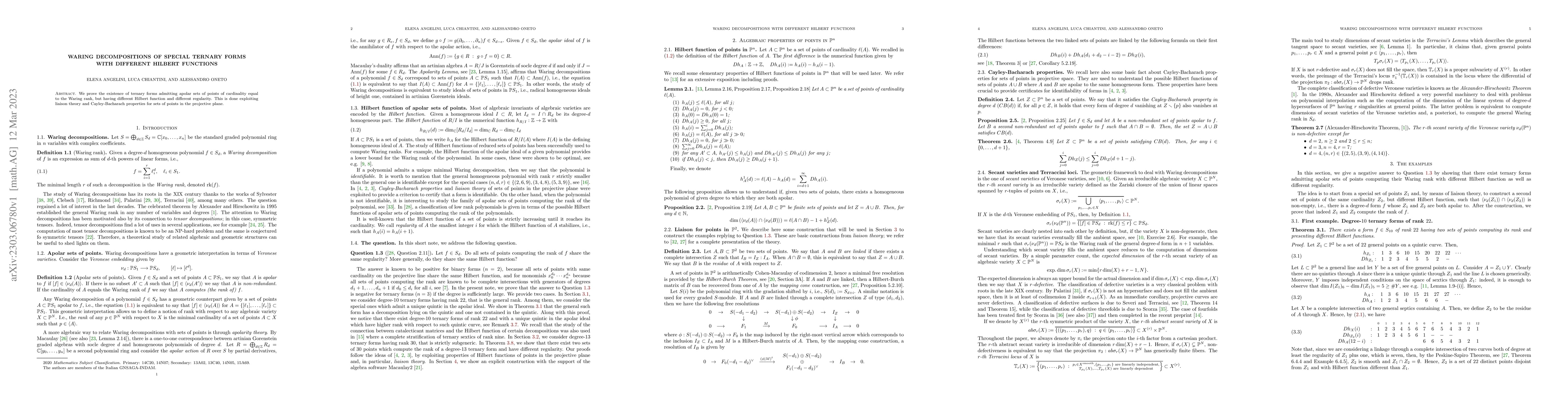 Thumbnail for Waring decompositions of special ternary forms with different Hilbert
  functions