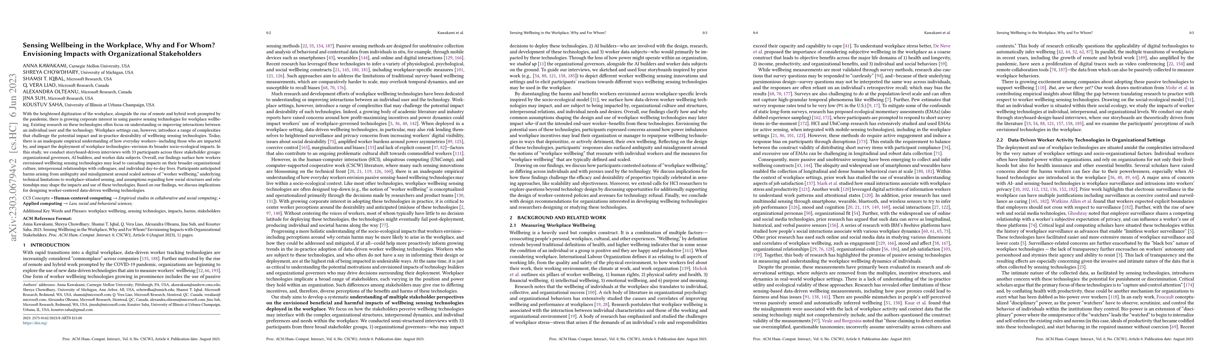 Thumbnail for Sensing Wellbeing in the Workplace, Why and For Whom? Envisioning
  Impacts with Organizational Stakeholders