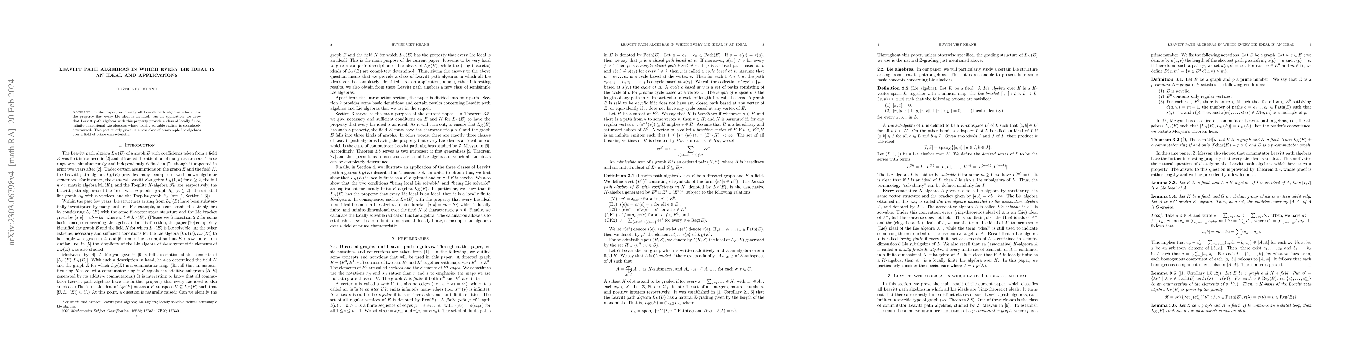 Thumbnail for Leavitt path algebras in which every Lie ideal is an ideal and
  applications