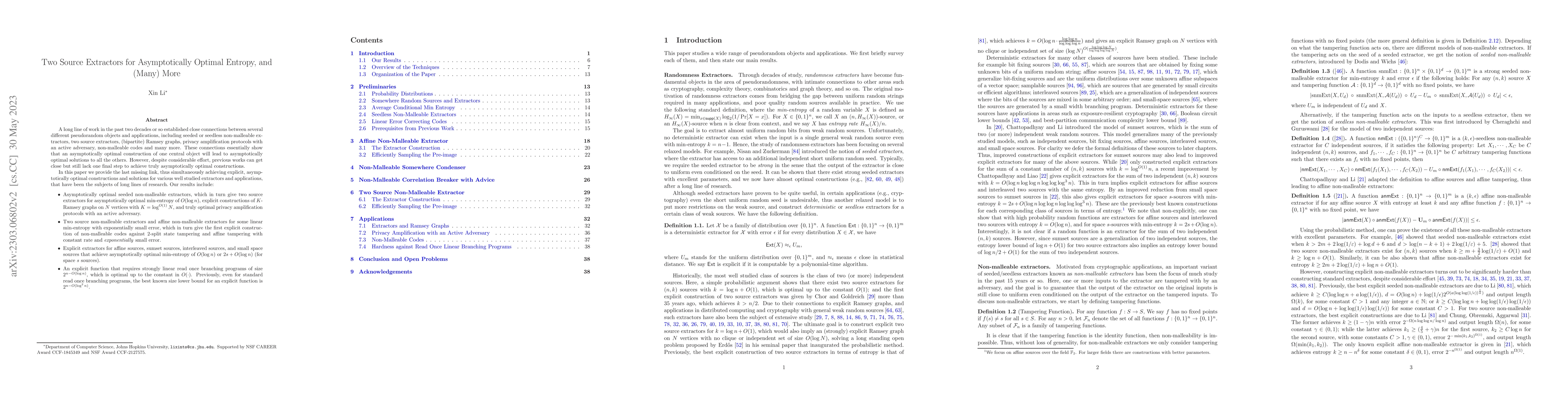 Thumbnail for Two Source Extractors for Asymptotically Optimal Entropy, and (Many)
  More